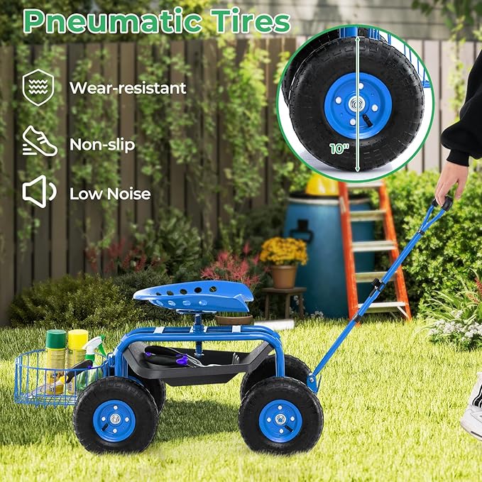 Garden Seat with Wheels Rolling Stool with Extendable Handle Storage Basket &amp Tool Tray Garden Scooter with 360 Degree Swivel Seat for Outdoor &amp Yard (Blue)