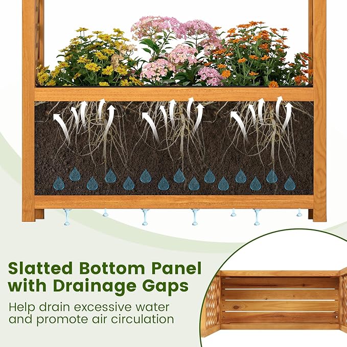 Giantex Raised Garden Bed with Arch Lattice Trellis for Climbing Vine Flower Vegetable Wood Planter Box with Liner &amp Drainage Design Outdoor Plant Container for Yard Balcony (33x15x57)