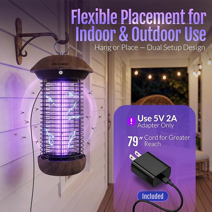 Bug Zapper Indoor Outdoor Electric Mosquito Zapper 4200V USB Powered Plug-in Works with Adapter or Power Bank No Built-in Battery 365-395nm LED Bug Light ABS Shell for Home Patio Camping