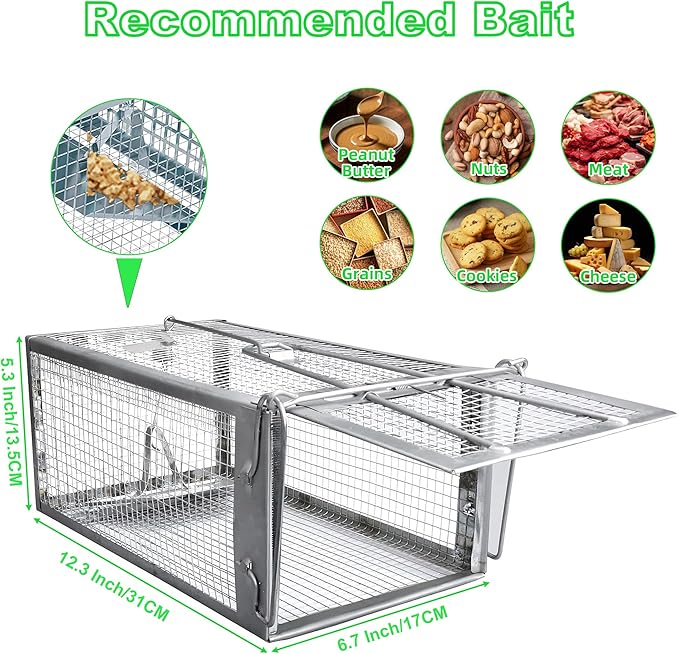 Humane Rat Traps 2-Pack No Kill Small Animal Cage Trap Live Mouse Trap Cage Catch and Release Trampa para Ratones Chipmunk Rodent Trap That Work for Indoor and Outdoor - 12.3 L x 6.5 W x 5.3 H