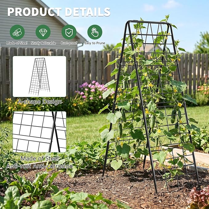 2 Pack Cucumber Trellis 59 High Foldable A-Frame Garden Trellis for Raised Bed Garden Grow Support with Plant Support Clips Ties for CucumberTomato Climbing Plants and Flowers