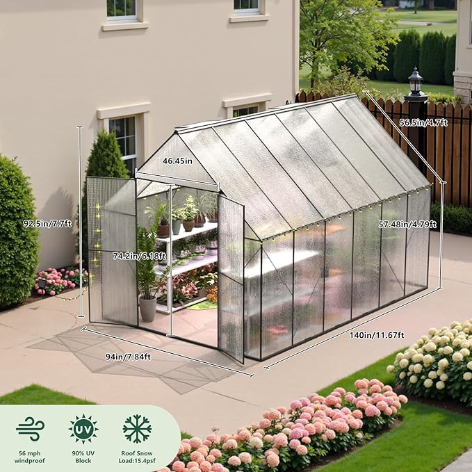 Green House for Outside Greenhouse for Outdoor Walk-in Garden Greenhouses Heavy Duty Polycarbonate Greenhouse Backyard Green Houses8x12