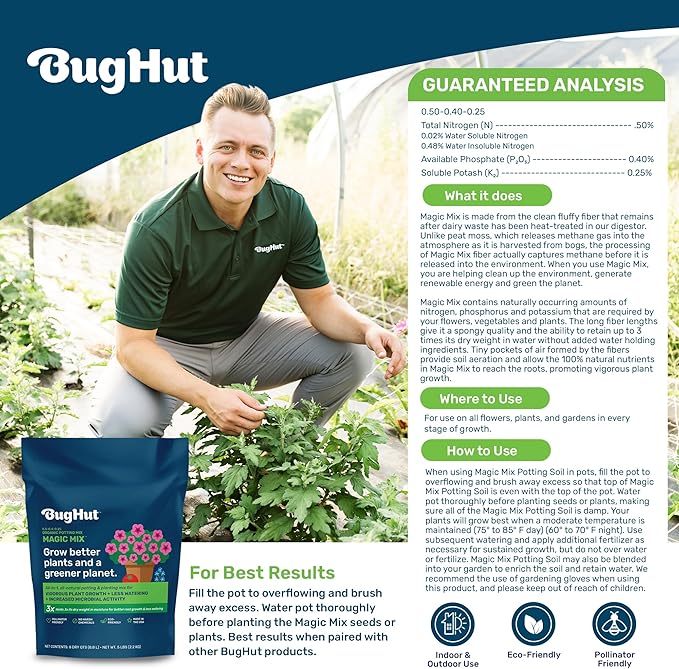 BugHut Magic Mix Peat Free Organic Potting Soil for Indoor Plants and Outdoor – Nutrient-Rich Garden Soil for Vegetables Fruits Herbs and Flowers – Potting Mix Moisture Retaining 5 lb Bag