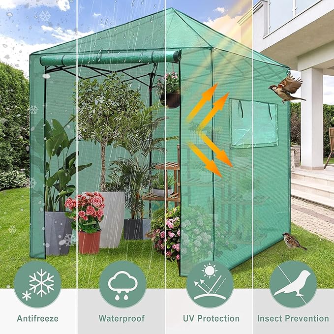PexFix 8'x 8' Portable Walk-in Greenhouse for Outdoor &amp Indoor Easy to Assemble Pop up Grow Greenhouses with Sturdy PE Cover and Roll-Up Windows &amp Door for Flowers Fruits Herbs Growing