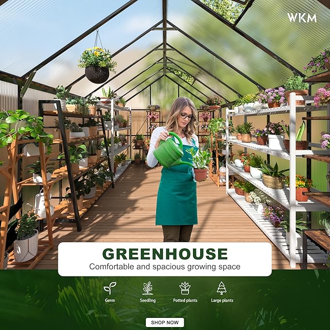WKM Greenhouse for Outdoors 8x14 FT Walk-in Polycarbonate Greenhouse with Roof Vent and Quick Setup Structure Heavy Duty Aluminum Green House for Outsides Backyard Garden Black