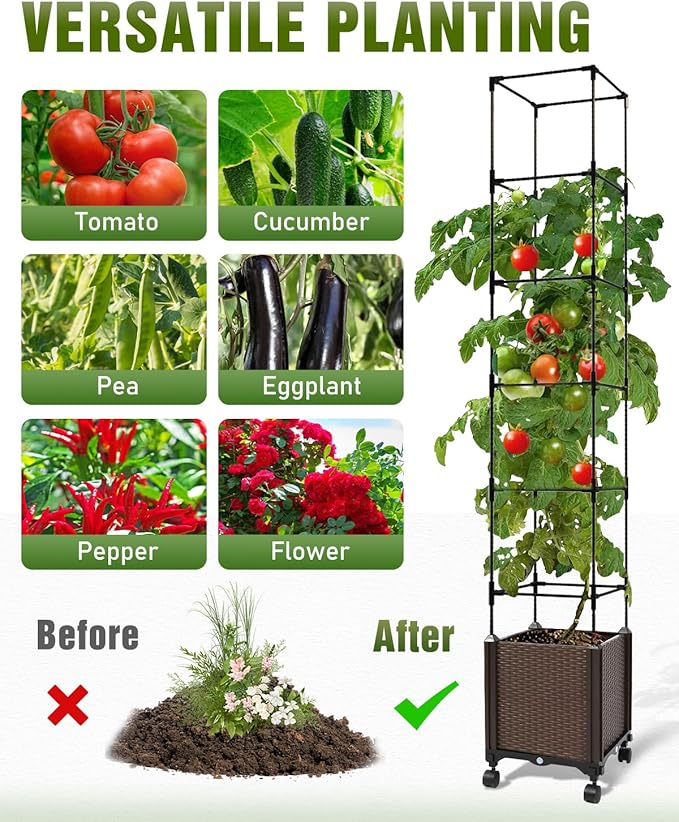 Jayhalo 71inch Planter Boxes Outdoor 3-in-1 Planter Box with Trellis with Wheels for Growing Vegetables 6 Layer Tomato Cage with Tomato Planters Self Watering for Indoor Outdoor Use
