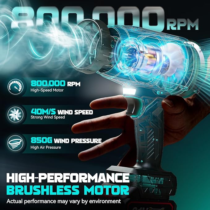 800000 RPM Cordless Leaf Blower with 2x4.0Ah Batteries Brushless Motor Adjustable Speed Lightweight Portable Electric Blower for Car Patio Garden &amp Indoor Cleaning 3 Nozzles Included