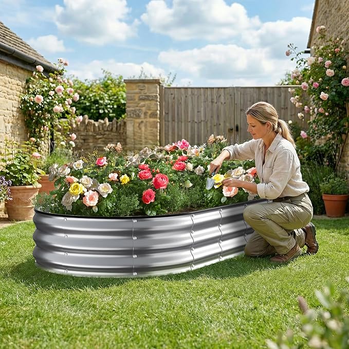 Kesfitt Raised Garden Bed 6x3x1 FT Galvanized Steel Metal Raised Garden Bed Oval Open-Bottom Design 12-Inch Deep for Outdoor Vegetable &amp Herb Gardening Silver