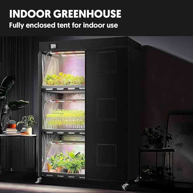 Indoor Greenhouse with Full Spectrum LED Grow Light and Tent Indoor Gardening System with Watertight Plant Shelf Trays 3-Tier Metal Plant Stand with Wheels Microgreens Growing Kit