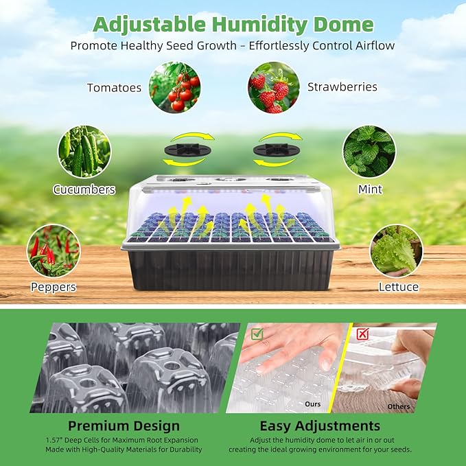 Seed Starter Tray with Grow Light 2 Pack 120 Cells Seedling Tray Kit with 3-in-1 Soil Moisture Meter Indoor Seedling Starter Tray for Plant Germination Seeds Growing