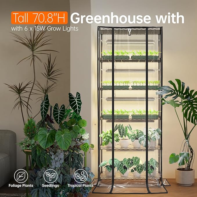 Bstrip 71 Indoor Greenhouse with Grow Light 6-Tier DIY Plant Shelf with Adjustable Rack and Wheels 8-Pack 192W Full Spectrum LED Plant Light for Indoor Plants Seed Starting (29.5 L x 13.8 W)