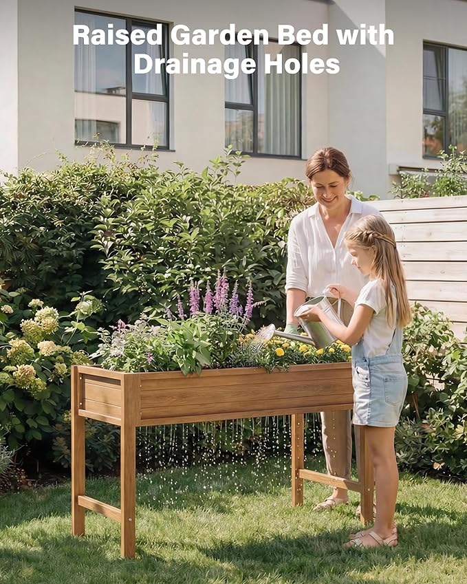 YEFU Raised Garden Bed for Outdoor: 48x30x24in Teak Raised Garden Bed with Legs to Plant Herbs Vegetables Flowers - Easy to Assembly Elevated Planter Box for Organic Home Gardening in Patio/Backyard
