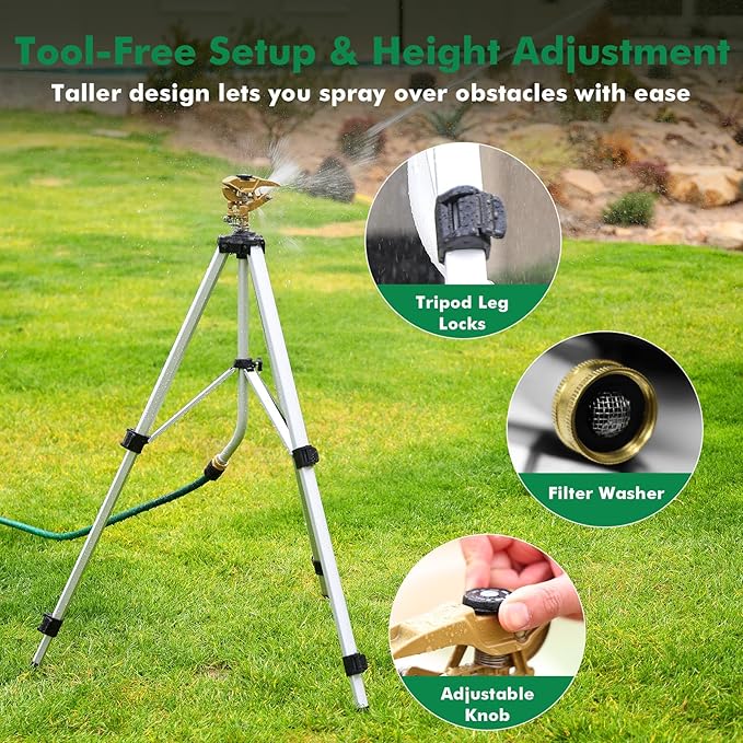 RESTMO 48” Large Full Metal Impact Sprinkler Head on Tripod Base 360° Rotating &amp Height Adjustable Tripod Heavy Duty Zinc Alloy Sprinkler for Large Yard and Lawn Irrigation