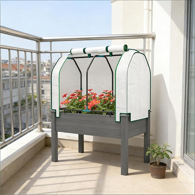 Raised Garden Bed with Legs &amp Retractable Cover 46.9 Tall Planter Box with Non-Woven Fabric Elevated for Vegetables Herbs Flowers Outdoor Patio Balcony 88 LB Capacity (Dark Gray)