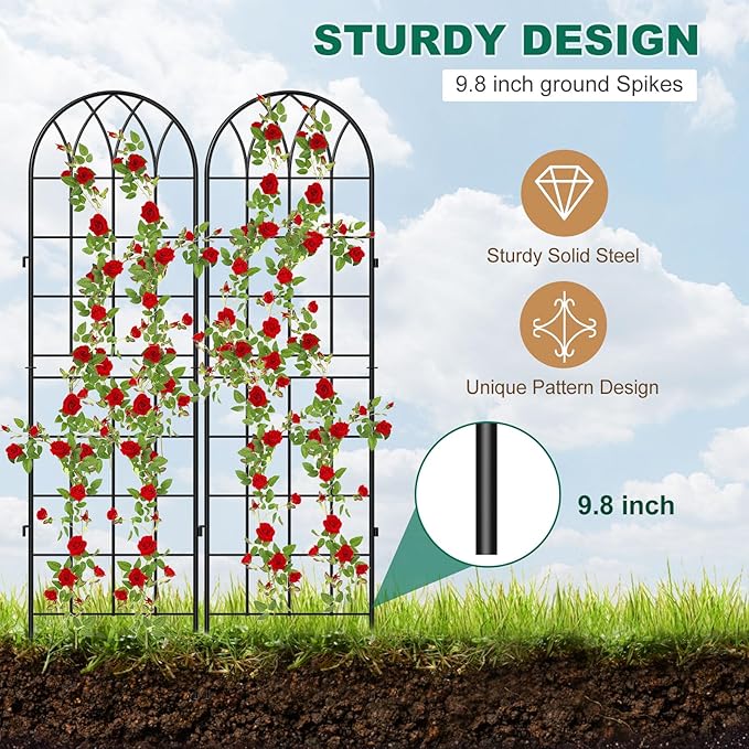 4 Pack Metal Garden Trellis for Climbing Plants 71 Inch Black Metal Garden Trellis for Vines Plant Rose Vegetable SupportLarge Decorative Outdoor Trellis
