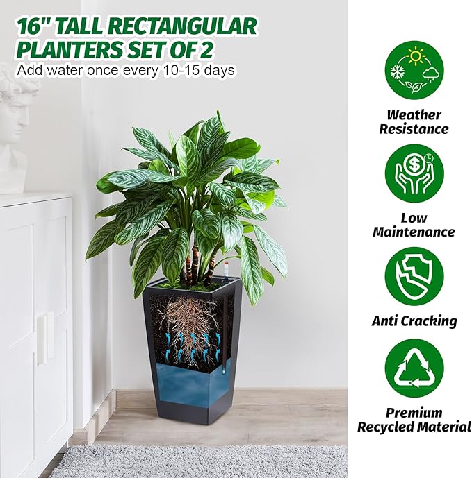 GarveeLife 16 in Tall Planters Set of 2 Outdoor＆Indoor Black Planter Pots High Front Porch Planter Pots with Drainage Holes＆Water Level Monitor＆Inner Bucket Automatic WateringBlack