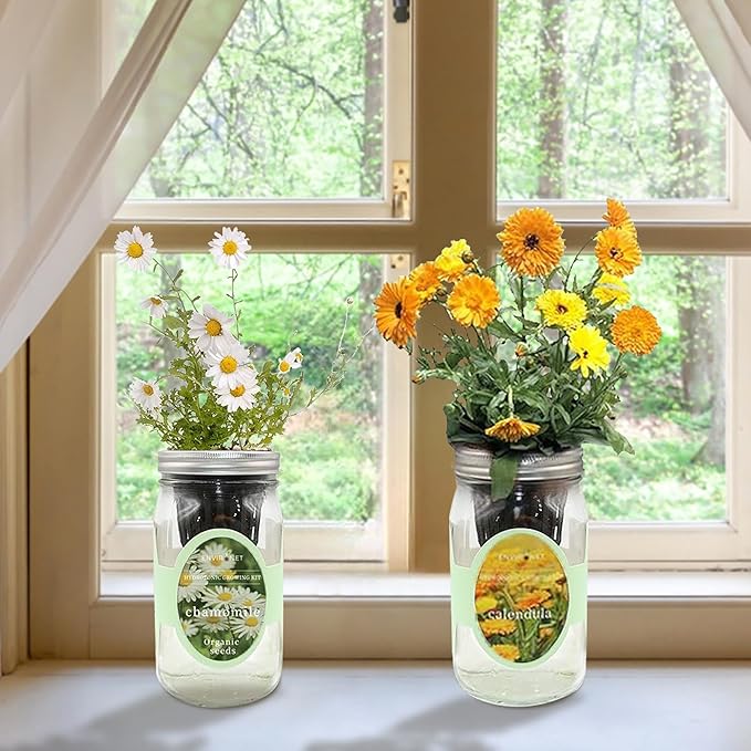 2-Pack Hydroponic Mason Jar Herb Garden Kit Indoor Herb Garden Self-Watering Starter Kit New Christmas Gift for Mom (CalendulaChamomile)