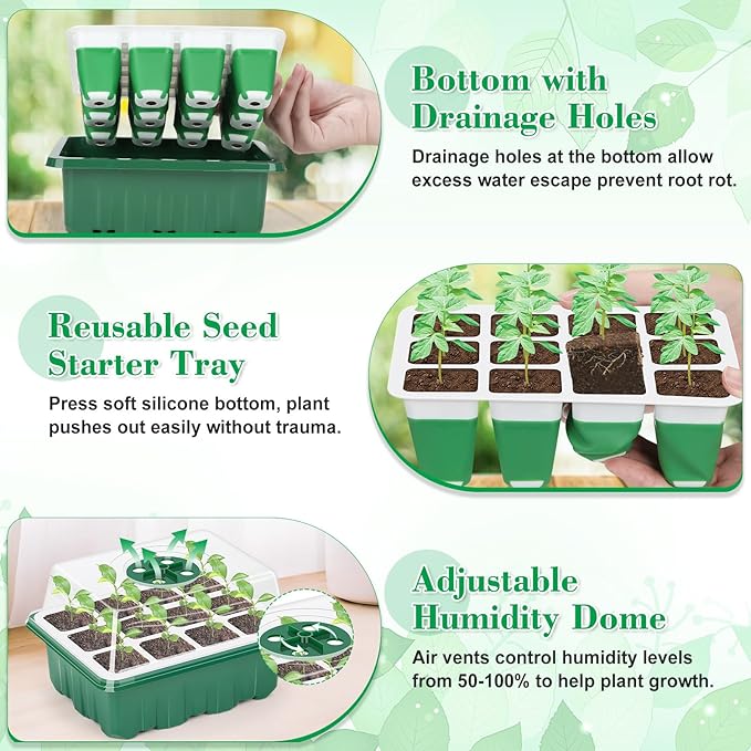 Reusable Silicone Seed Starter Tray 96 Cells Seed Starter Kit with Humidity Adjustable Dome and Lid 8 Packs Plant Germination Trays with Repotting Mat Germination Kit for Seeds Grow Starting