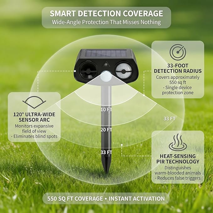 Solar Ultrasonic Animal Repeller Outdoor Motion Sensor Waterproof Pest Deterrent Raccoon Skunk Fox Squirrel Rabbit Dog Cat Deer Repellent for Yard Garden Farm 33ft 120° Coverage 2 Pack Black