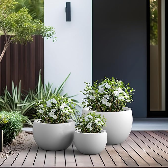 Kante 19.915.711.8 Dia Round Concrete Planter Set of 3 Outdoor/Indoor Large Bowl Plant Pots with Drainage Hole and Rubber Plug for Garden Patio Balcony Home Pure White
