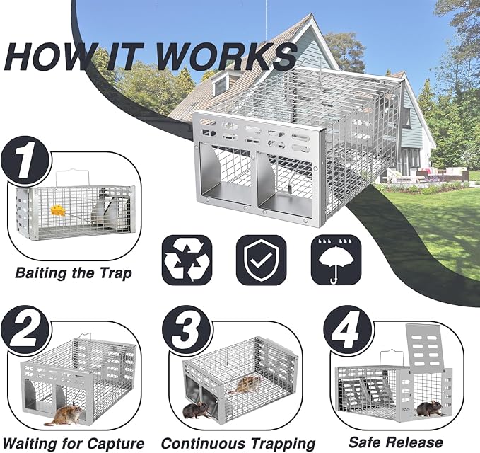 Rat Trap Humane Live Rat Trap &amp Automatic Reset Mouse Traps with Dual One-Way Door Design –Catch and Release for Mice Chipmunks Hamsters and Other Rodents Indoors &amp Outdoors(2PCS Silver)