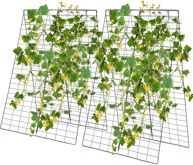 S AFSTAR 46 x 34 Inch Cucumber Trellis for Garden 8 PCS Foldable A-Shape Plant Support W/18 Clips 16 Ground Stakes 8 Spiral Connectors 12 Cable Tie Twist Tie Garden Trellis for Climbing Plants