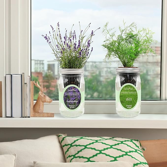 2-Pack Hydroponic Mason Jar Herb Garden Kit Indoor Herb Garden Self-Watering Starter Kit New Christmas Gift for Mom (LavenderRosemary)