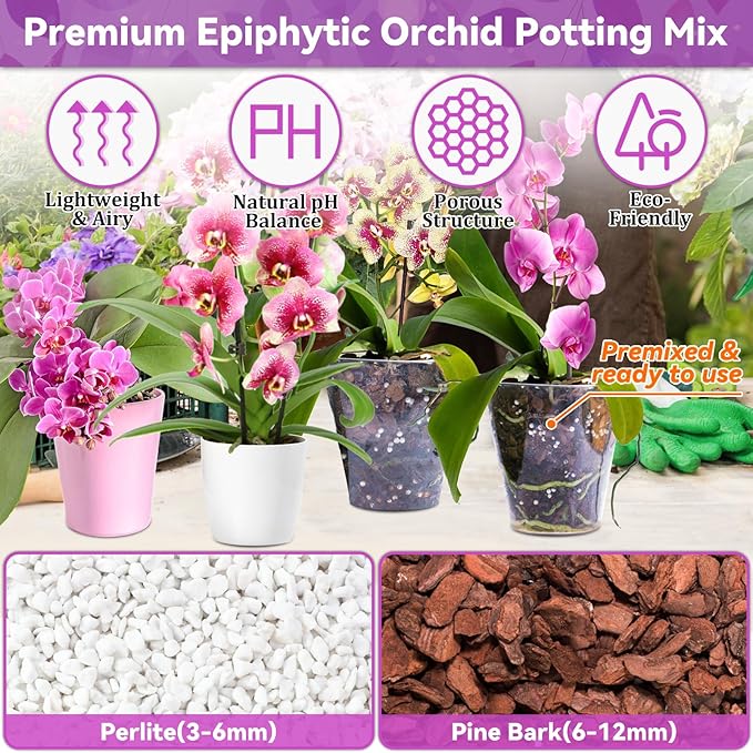 Riare 6QT Orchid Potting Mix Natural Orchid Bark Potting Mix Soil Medium with Pine Bark and Perlite Premium Orchid Repotting Kit for Phalaenopsis Dendrobiums Enhanced Drainage &amp Root Expansion