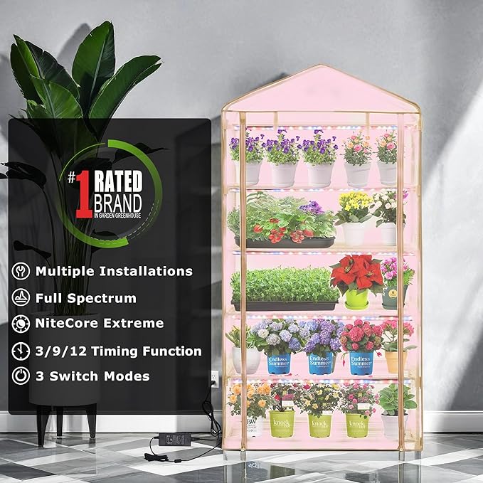 5 Tier Greenhouse with Grow Light Portable Greenhouse with Zippered PVC Cover for Seed Starting Trays  75'' H x 40'' W x 19'' D Plant Light for Indoor Plant with Timer(PLGH1005OWPT)