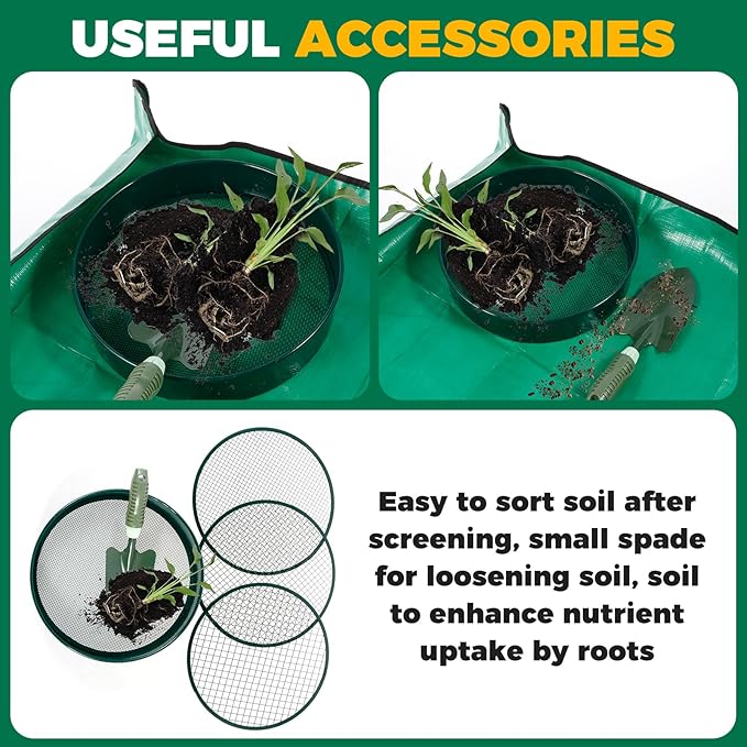Soil Sifter for Gardening 12 Inch Dirt Garden Sieve Soil Sifter with 4 Replaceable Fine Screens and Shovel and Soil Replacement Pad Rock Sieve Sifter Soil Sieve Sifter Set Sifting Pan