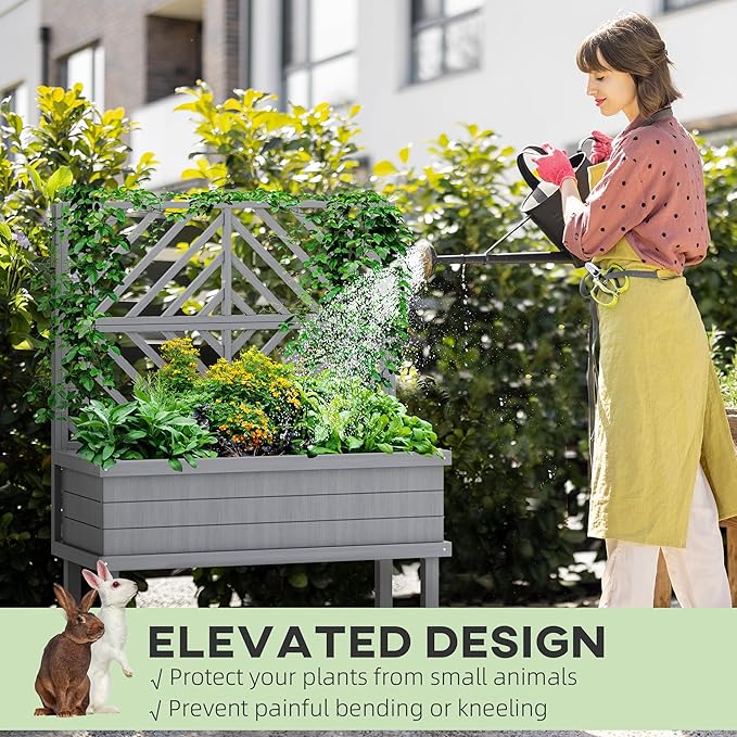 Wooden Planter Box with Trellis Elevated Raised Garden Bed for Climbing Plants Fir Wood Flower Shelf with Drainage Holes Gray 41.25 W x 17.75 D x 55 H