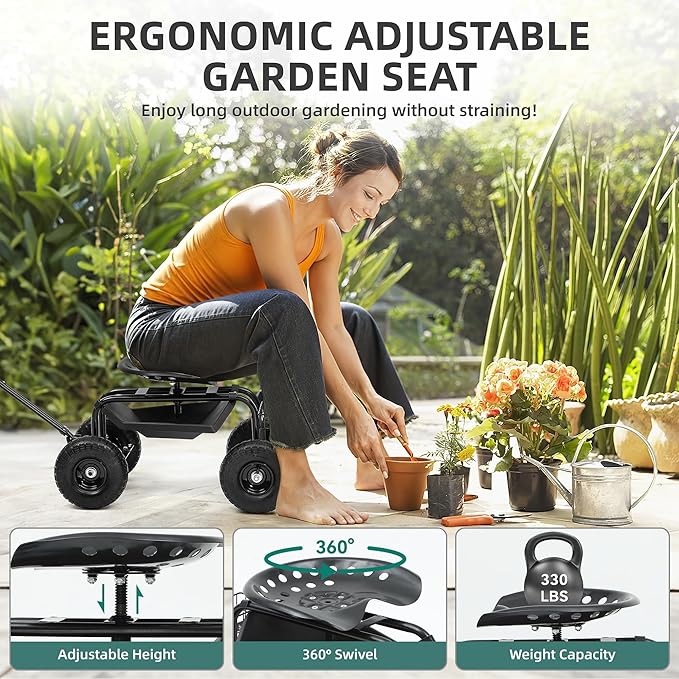 Rolling Garden Cart with 360° Swivel Work Seat Adjustable Height 10 Pneumatic Tires Tool Tray &amp Storage Basket Extendable Handle Reduces Back &amp Spine Strain