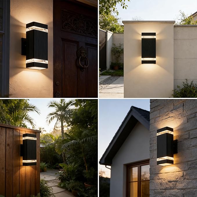 Square Outdoor Wall Lights Up and Down LED Porch Lights Aluminum Exterior Lighting Fixtures with 2 * 7W Bulbs 3000K Waterproof Outdoor Sconces Wall Lighting for House Porch Garage Patio Black