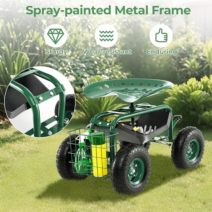DORTALA 4-Wheel Rolling Garden Cart Work Seat with 360 Swivel &amp Height Adjustable Seat Heavy Duty Planting Cart with Storage Basket Green