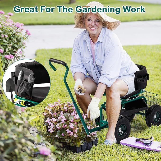 Rolling Garden Work Seat with Wheels Gardening Stool for Planting 360 Degree Swivel Seat Garden Scooter with Steering Handle &amp Tool Tray. (Garden Seat with Backrest)