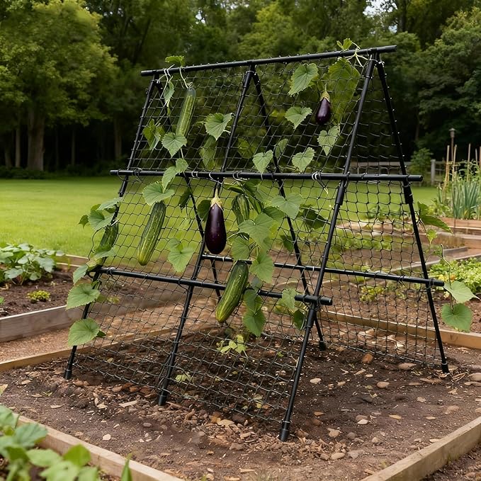 Cucumber Trellis Set A-Shaped Plant Holder with Garden Net &amp Plant Clips Adjustable Width Trellis Metal Plant Support for Climbing Plants Flowers Useful Plants 120 x 120 cm Black