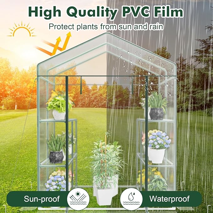 Happygrill Greenhouse Portable Greenhouses for Outdoors w/8 Shelves Roll-Up Zippered Door 2 Observation Windows &amp 2 Tiers Weather-Proof PE Cover Wind Rope (Transparent 55” x 57” x 77”)