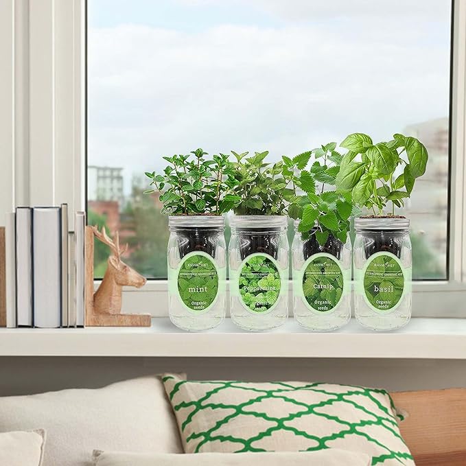 Hydroponic Herb Growing Kit Set Self-Watering Mason Jar Herb Garden Starter Kit Indoor New Christmas Gift for Mom (CatnipPeppermintMint&ampBasil)