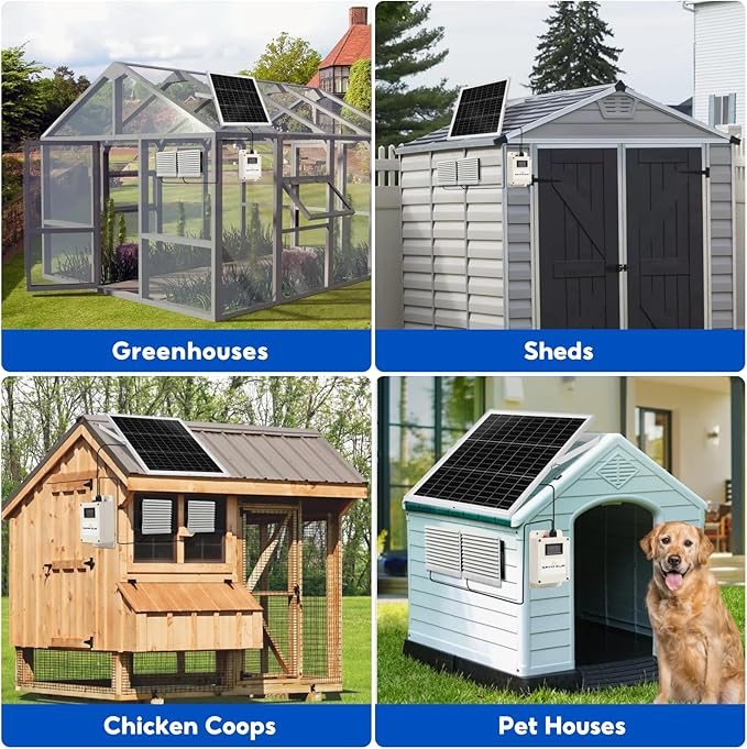 SUNYIMA Solar Fan with Battery20W Solar Panel Powered Fan Kit with Waterproof Dual Exhaust Fans and 9.84ft Switch Cable for Chicken Coops Sheds Pet Houses Greenhouse Air Circulation Ventilation