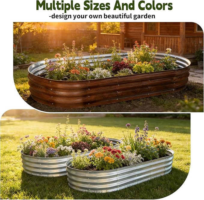 Galvanized Raised Garden Bed Outdoor Large Raised Bed for Gardening 6x3x1ft Oval Metal Planter Box for Vegetables Fruits Flowers Dark Brown Wood Grain
