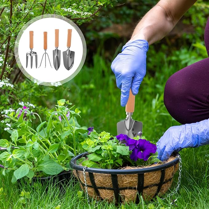 4pcs Garden Tools Set with Wooden Handles – Wide Shovel Pointed Shovel 3-Prong Rake and 3-Prong Hoe – Handheld Gardening Tools Kit for Planting Weeding and Outdoor Yard Work