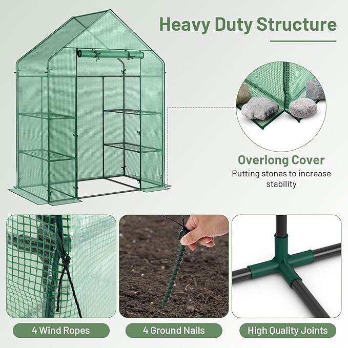 Happygrill Walk-in Greenhouse Potable Greenhouse with Roll-up &amp Zippered Door PE Cover 4 Tier 8 Mesh Shelves for Plants Herb and Flower Greenhouses for Outdoors Patio Lawn Yard 56 x 28x