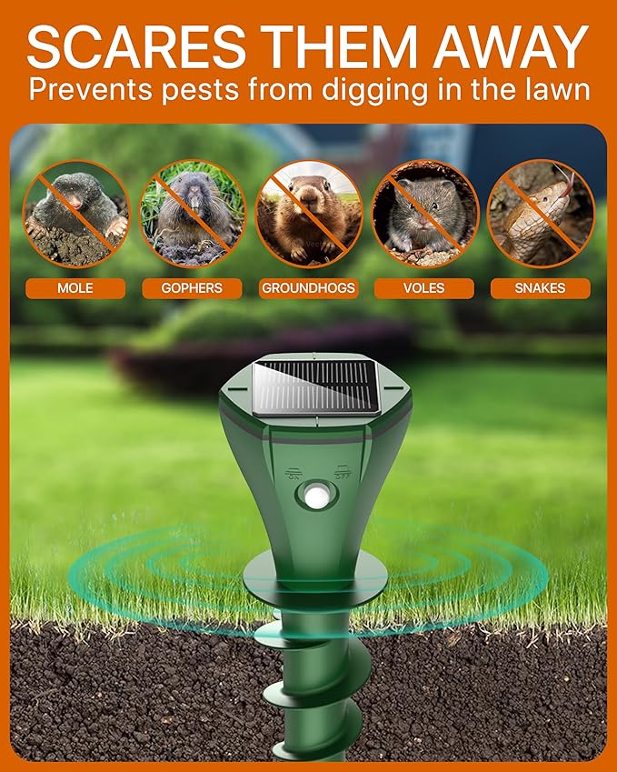 Solar Pest Repeller Stakes (4 Pack) – Outdoor Garden and Lawn Ground Stakes Rodent Deterrent for Moles Gophers Snakes and Burrowing Pests