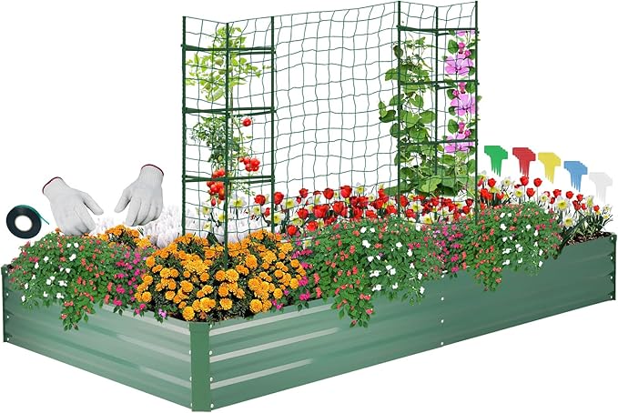 ONCEMORE Galvanized Raised Garden Bed for Vegetables Flowers Herbs Metal Raised Garden Bed Kit with 2 PCS Tomato Cage Gloves Trellis Netting Plant Labels Plant Ties Green 6×3×1FT