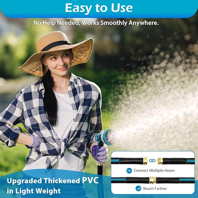 50FT Non-Expandable Garden Hose Flexible Water Hose with Spray Nozzle Kink-Resistant Leakproof 3/4 Brass Connectors Lightweight &amp Portable Water Pipe for Yard Lawn Outdoor