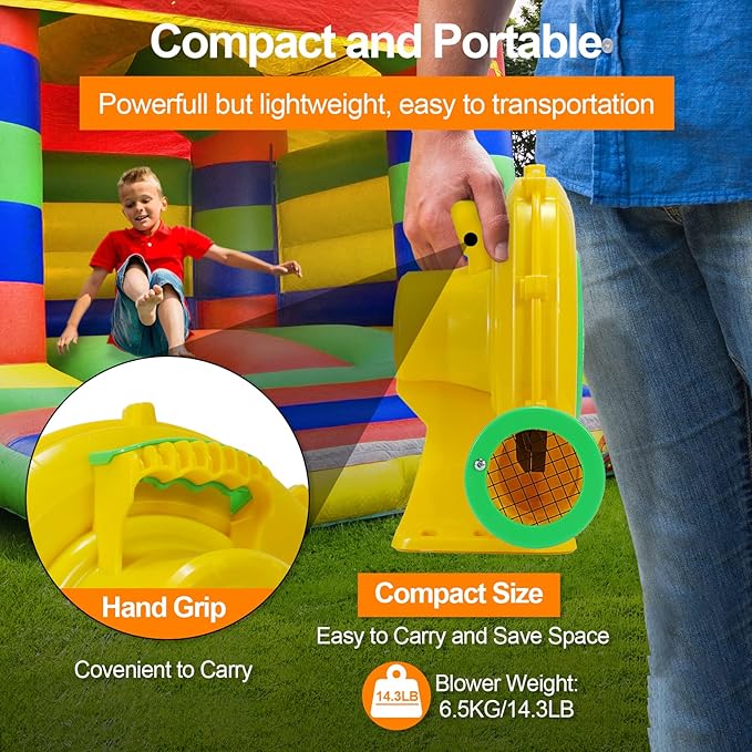 Bounce House Blower 750W/1HP Commercial Air Blower with Double-Sided Fan Blade Design Strong Wind and Great Heat Dissipation Properties for Bouncy Castle Jump Slides Arch Inflatables