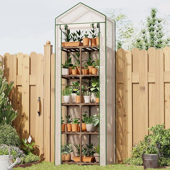 Bamworld 5-Tierd Outdoor Greenhouse 22 L×16 W×81 H Portable Green House with PE Cover Garden and Backyards Plant Shelves with Sturdy Eucalyptus Frame Roof Plant Stand Flower Pot Stand Display Rack