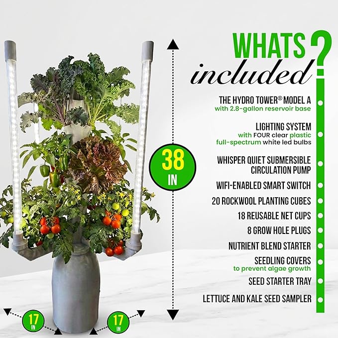 Hydroponic Tower Planter - Complete Plant Growing Starter Kit - Vertical Indoor System for Herb and Vegetable Gardening Microgreens and More - Includes Grow Light Setup Smart WiFi Control