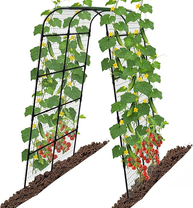 7Ft Adjustable Garden Arch Trellis for Climbing Plants Outdoor Heavy Duty Rustproof Stainless Steel Cucumber Trellis for Raised Beds Tall Metal Plant Support for Tomato Squash Beans Flowers