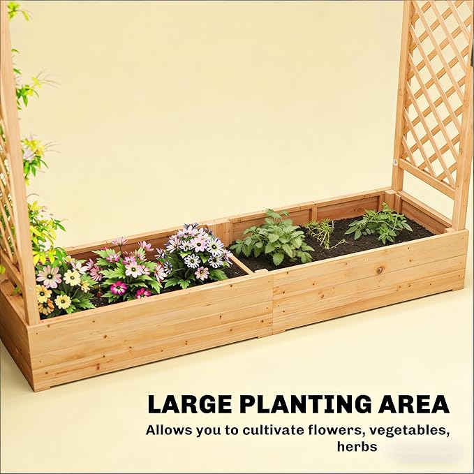 Vertical Space Saving Trellis Planter Box - All-in-One Fir Wood Design with Drainage Grows Climbing Roses Cucumbers &amp More in Small Areas